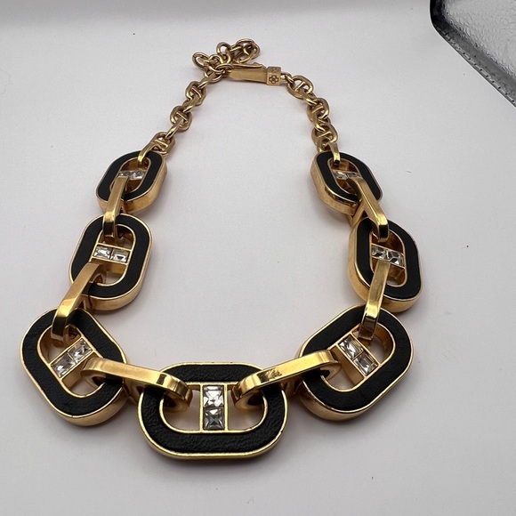 Ann Taylor Signed Inlay black leather with rhinestones Gold Tone Chunky Necklace - Picture 9 of 9